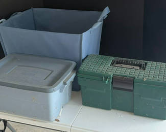 Lot 219: Plastic Storage Bins and Toolbox with Assorted Safety and Cleaning Items