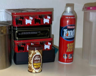 Lot 114: Assorted Kitchen Containers, Pyrex Serving Pitcher, and Fire Extinguisher Spray