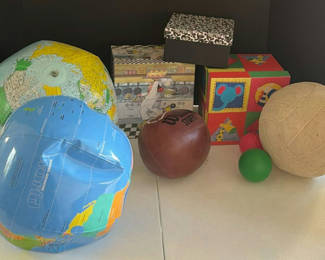 Lot 200: Assorted Sports Balls, Globes, and Decorative Storage Boxes