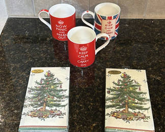 Lot 37: Ceramic Mugs, Christmas Paper Napkins, and Decorative Placemat