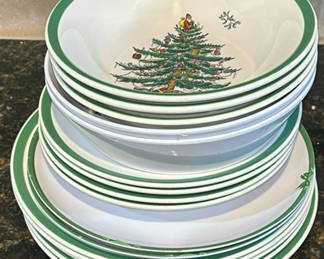 Lot 43: Ceramic Christmas-Themed Bowls and Plates with Glass Jars