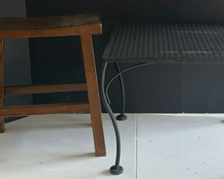 Lot 220: Wooden Stool and Metal Mesh Table