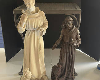 Lot 201: Two Robed Figurine Statues and Metal Mesh Table