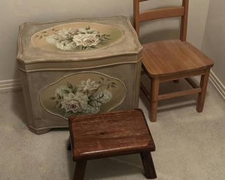 Lot 236: Vintage floral storage trunk with wooden chair and small stool