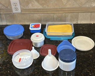Lot 48: Assorted Kitchen Containers, Funnels, Popcorn Cup, and Glass Tasting Set