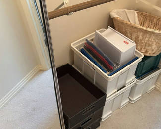 Lot 232: Full-Length Mirror, Storage Bins, and Wicker Basket