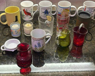 Lot 32: Assorted Mugs, Glass Tumblers, and Small Glassware
