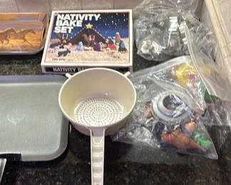 Lot 35: Assorted Kitchenware and Decorative Serving Items with Nativity Bake Set