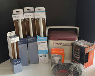 Lot 203: Moen Grab Bars, Coleman Personal 8 Cooler, Solar LED Lantern, Light Bulb, and 10-Inch Fry Pan