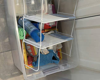 Lot 233: Clear plastic storage tote with cleaning supplies and miscellaneous items