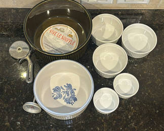 Lot 50: Glass Soufflé Dish, Ceramic Bowls and Ramekins with Kitchen Tools