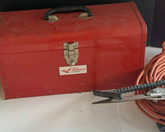 Lot 210: All American Metal Toolbox, Fuel Can, Extension Cord, and Fiskars Hedge Shears