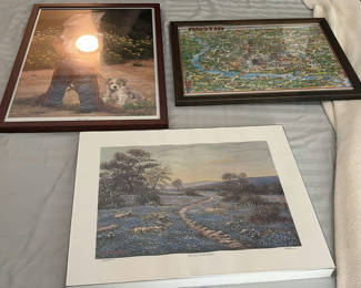 Lot 224: Three Framed Art Prints Including Landscape, Figurative, and Austin Map