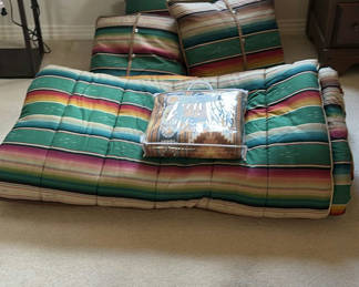 Lot 267: Striped floor cushions with packaged fleece blanket