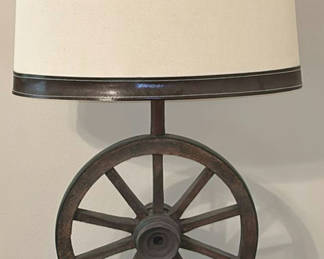 Lot 58: Wagon Wheel Table Lamp and Wooden Cabinet with Horse Artwork