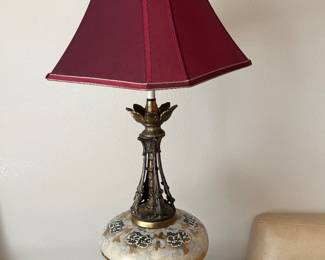 Vintage 1940 Regency Hand painted glass & Marble Table Lamp. Brass Base. Falkenstein?