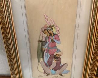Signed Persian Miniature Painting on Bone Panel in Khatam Frame 13" Qajar Style