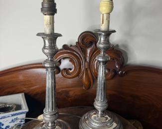 Item 84 pair silver candlestick lamps with LN hallmark.  One needs a new lamp socket $175.00 pair 