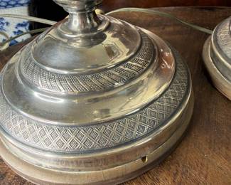Item 84 pair silver candlestick lamps with LN hallmark.  One needs a new lamp socket $175.00 pair 