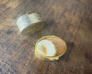 Item #80 Pair of 1.25" L by .75" H gold tone pill boxes with natural stone tops $10 pair