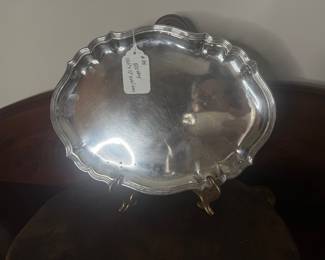 Item 38 800 Silver 660 g $1,095.00 13.5" by 10' oval scalloped edge tray ( does have dark spots that will buff out)