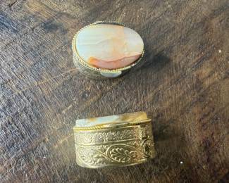 Item #80 Pair of 1.25" L by .75" H gold tone pill boxes with natural stone tops $10 pair