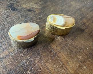 Item #80 Pair of 1.25" L by .75" H gold tone pill boxes with natural stone tops $10 pair