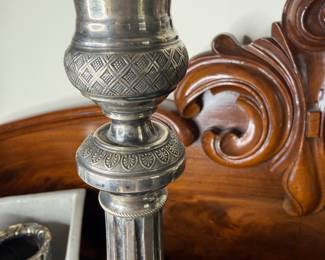 Item 84 pair silver candlestick lamps with LN hallmark.  One needs a new lamp socket $175.00 pair 