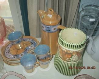 Lusterware tea set with unmarked Donatello vase