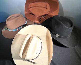 Light brown hat-Outback trading ,fur blend. Beige hat woven Shangtung. Reddish gat- Bailey Regal. Black hat- stetson Dale Ernhardt signature  collection- 