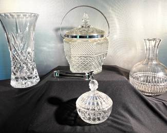 Anchor Hocking ice bucket in "Wexford" pattern, two crystal vases and candy dish