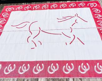 Large red/white outdoor rug - horse motif 