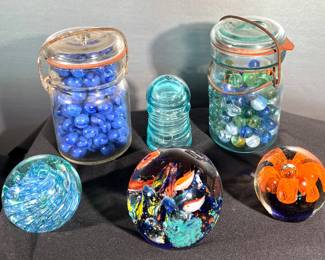 Paperweights, insulator, marbles