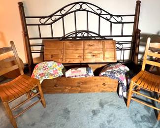 Pair if slat bottom chairs with quilts, chest and bed