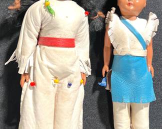 Vintage souvenir 1950’s Native American dolls, leather garments 