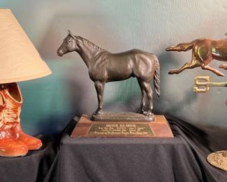 Ceramic boots lamp, AQHA trophy, weathervane replica
