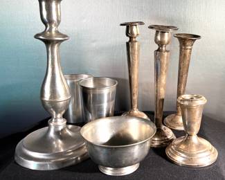 Candlesticks, Revere style bowl, tumblers