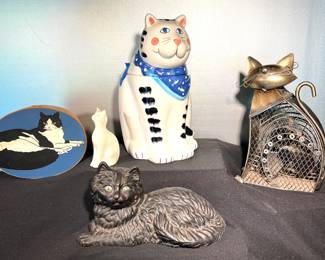 Kitties! Cat fan, cookie jar,  iron doorstop, painted trinket box, Beleek cat figurine