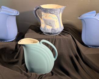 Two blue vintage Hall pitchers, Mid-Century turquoise "Nora" Hall pitcher,  Cash family cow pitcher