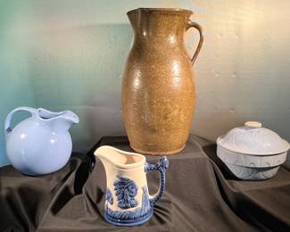 Vintage Hall "Tilted Ball pitcher, Sleepy Eye pitcher, Watt casserole with lid, and brown glaze jug