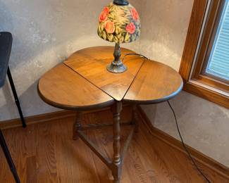 Side table with drop leaves & painted glass lamp