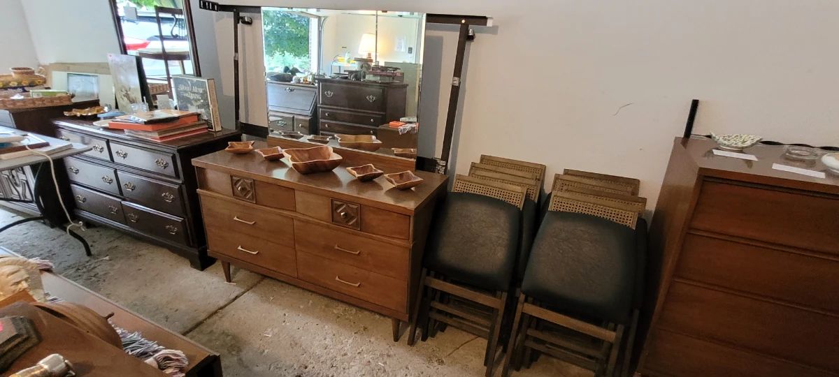 MCM Monkey Pod wood bowls, MCM lowboy/triple dresser with raised diamond wood plates
