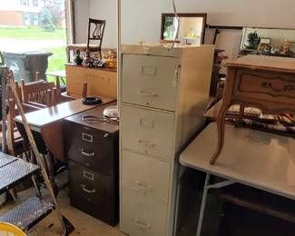 Drop leaf gate leg table, filing cabinets, end tables