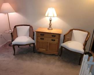 Vintage floor lamp with glass tray table, a pair of French provincial cane barrel chairs and a Victorian era Eastlake washstand 1880s to early 1900s