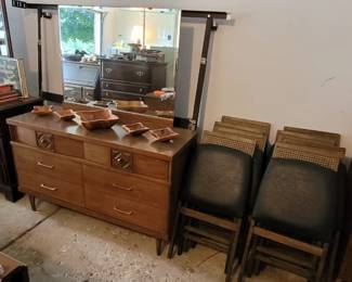 MCM Monkey Pod wood bowls, MCM lowboy/triple dresser with raised diamond wood plates