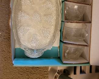 Vintage Anchor Hocking (Anchorglass) "Serva-Snack" Set featuring the popular 1950s Grape and Vine pattern.