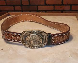 Leather belt with brass armadillo buckle 