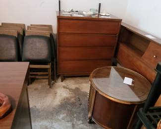 MCM chest of drawers, MCM headboard and round end table