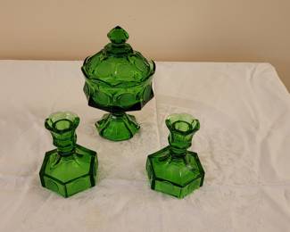 Fostoria coin glass candy dish and candle holder set