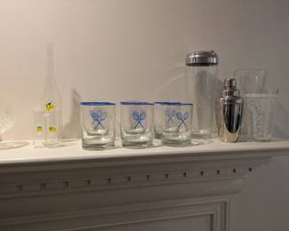 Set of Six Tennis Glasses, Shakers, and Barware